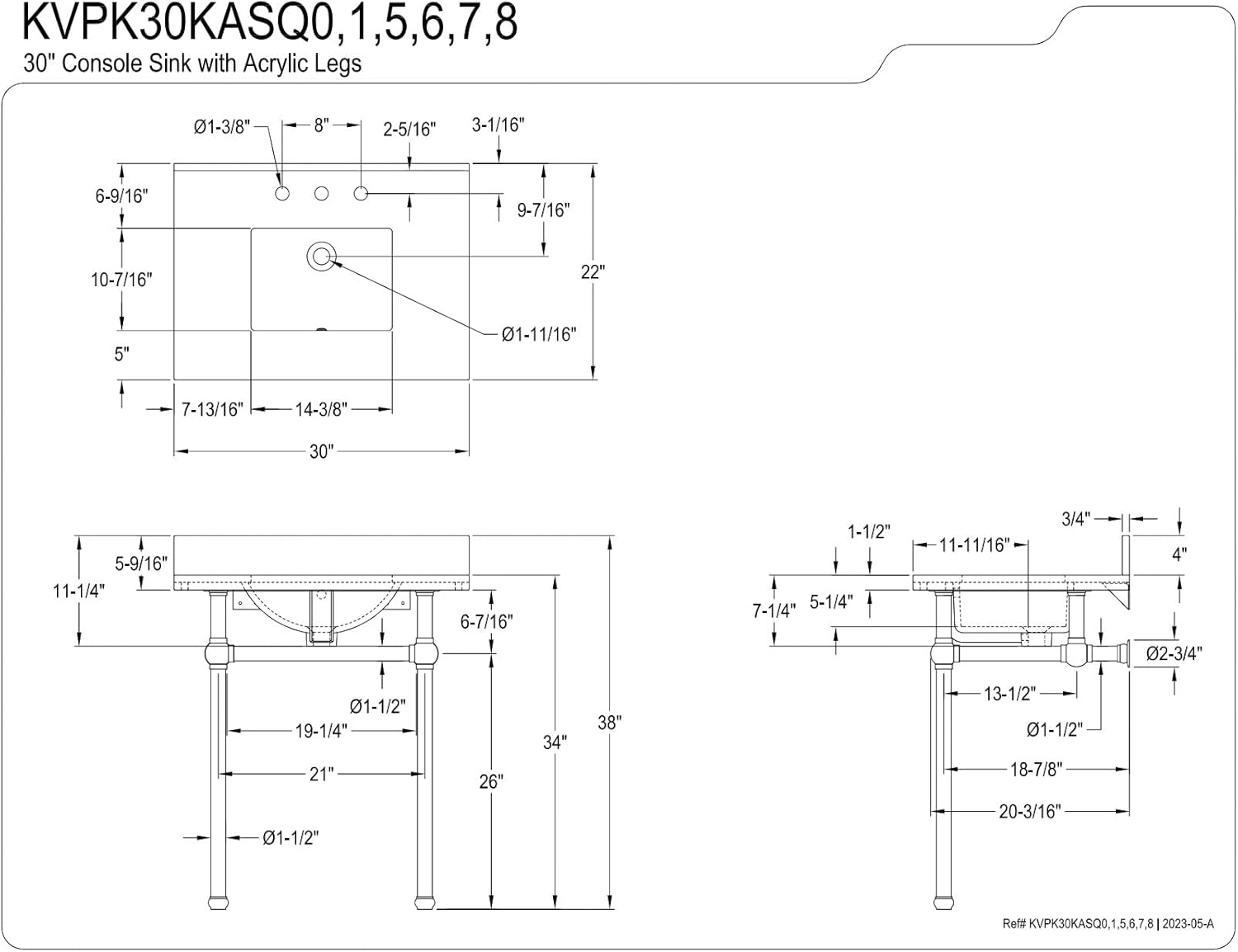 Kingston Brass KVPK30KASQ6 Templeton 30" Black Granite Console Sink with Acrylic Legs, Black Granite/Polished Nickel