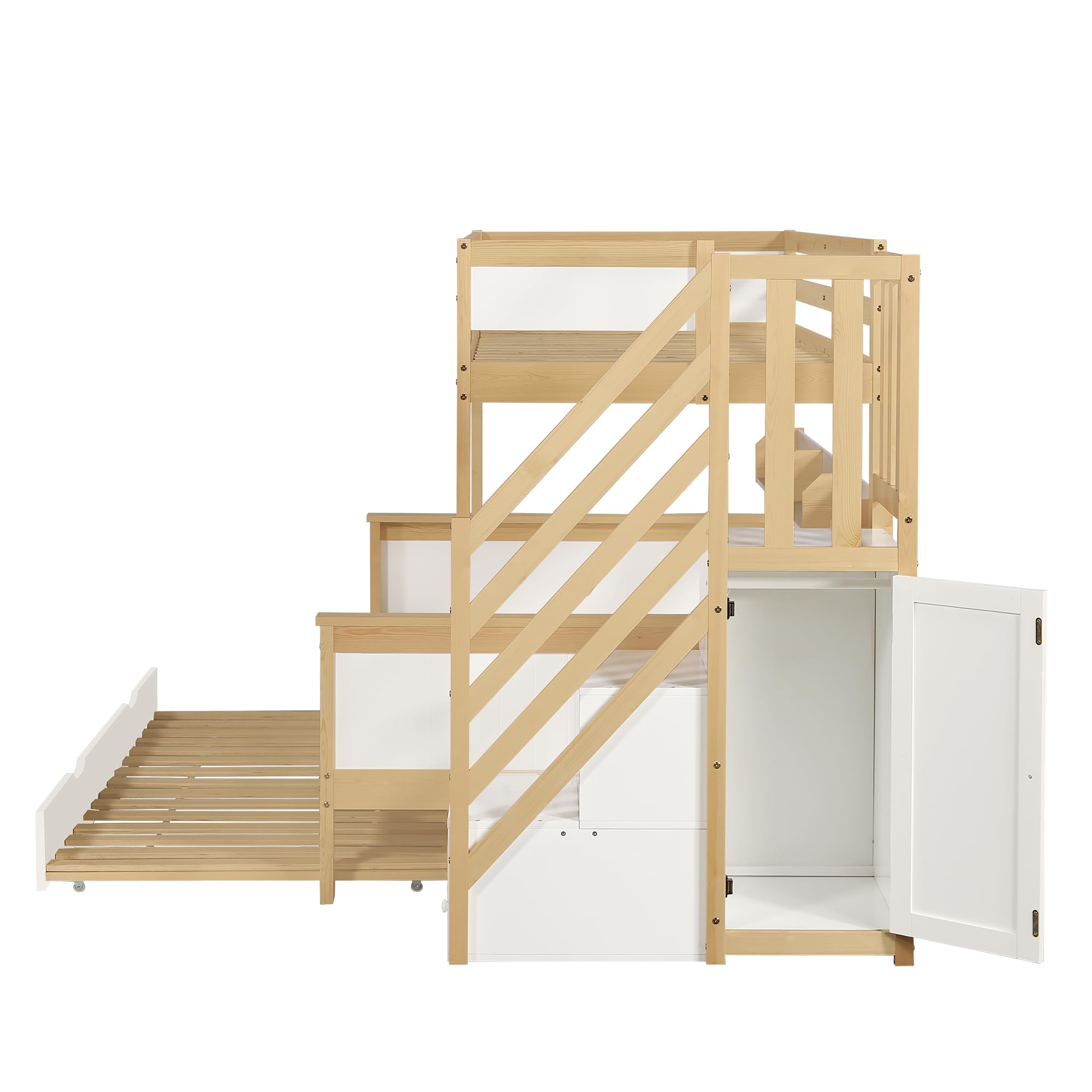 Idemon Lettino a castello, con protezione anticaduta e griglia, progettato con tre posizioni, con letto a rotelle, con armadio, scala angolare, pino+MDF, bianco+naturale, 90 x 200 x 200 x 200 x 200 cm