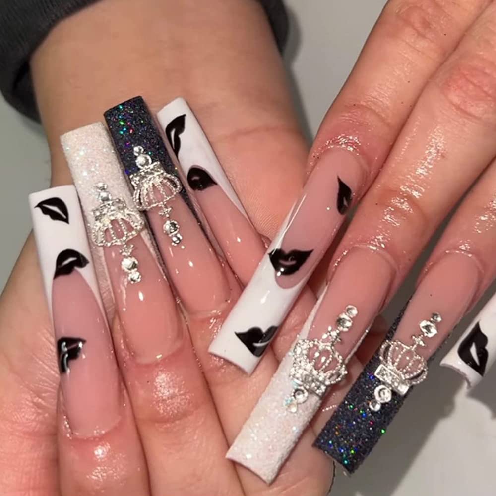 Amazon.com: Crown Press on Nails Extra Long Acrylic Ballet Fake Nails with  Adhesive Nail Taps French Black White Lip Print Crown Rhinestones Design  Stick on Nails Full Cover False Nails for Women