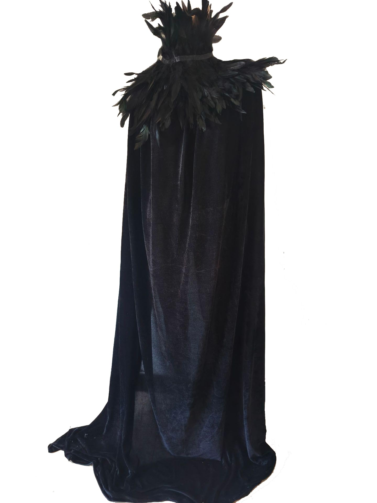 Mantello gotico nero in velluto da strega con piuma Stand collare con cappuccio donne costume abiti partito costume lungo mantello con cappuccio