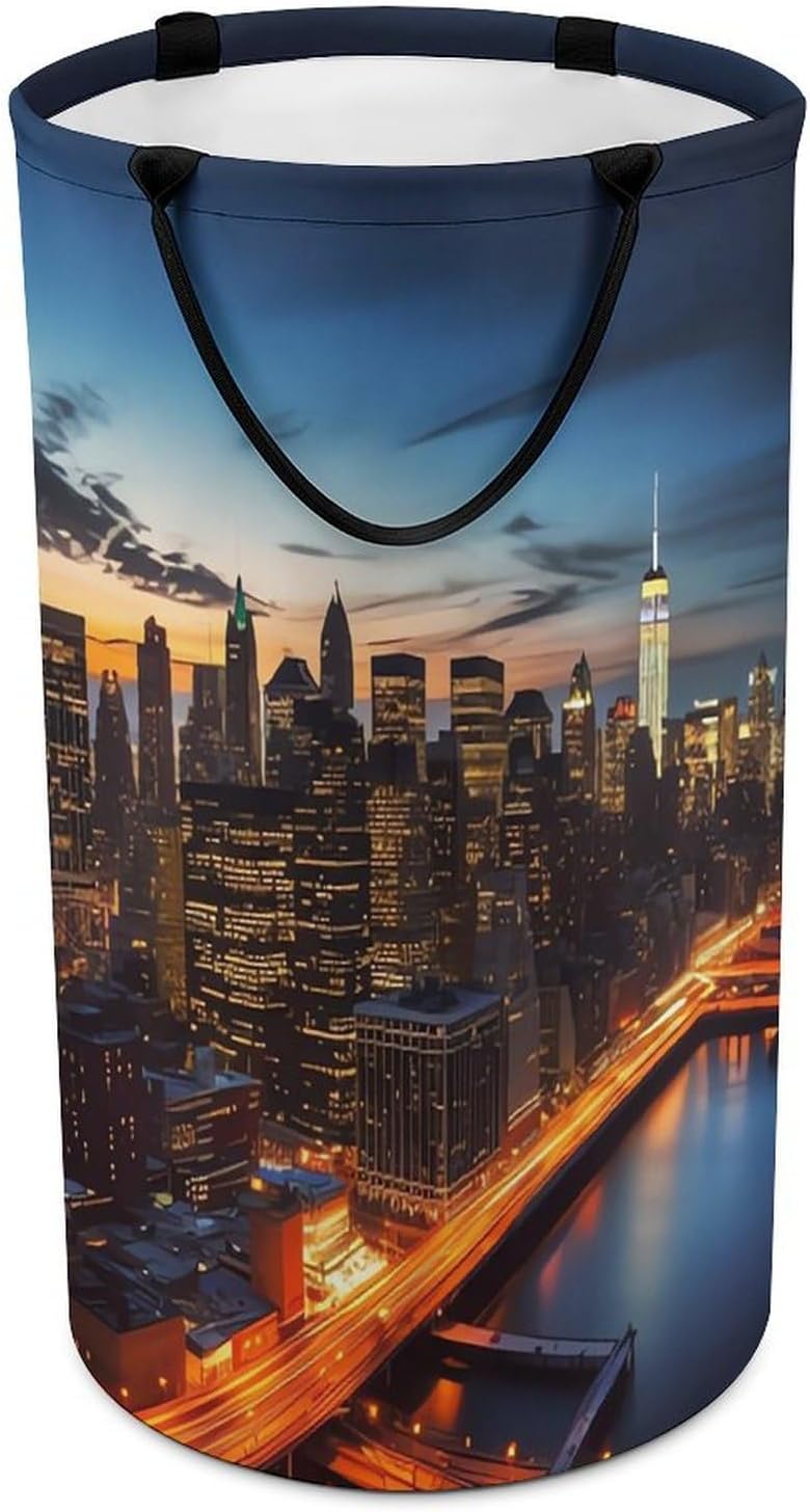 Large Capacity Dirty Clothes Basket, New York City Scenery Printed Laundry Hamper with Handles Waterproof,Collapsible Round Laundry Hamperare, Versatile And Can Be Placed in Bathrooms Bedrooms Livi