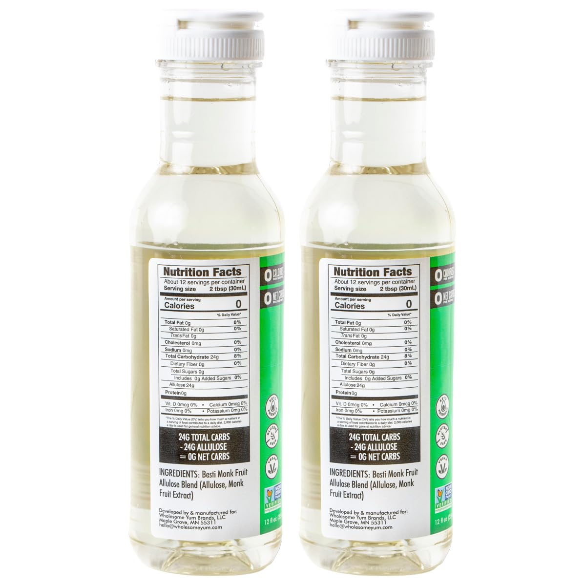 Wholesome Yum Keto Simple Syrup - Skinny Sugar Free Simple Syrup With Monk Fruit & Liquid Allulose - Natural Sweetener For Drinks, Cocktails, Coffee, & Cooking - Low Carb (12 fl oz, 2 Pack)