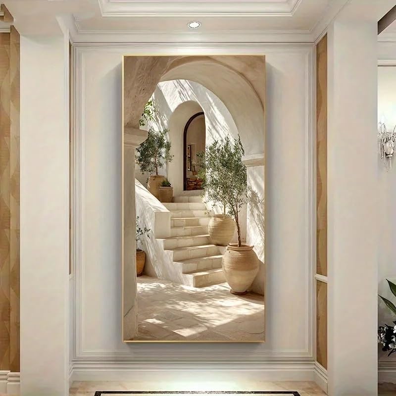 LTjiajuypd Tableau sur toile représentant des marches d'oliviers méditerranéens, style moderne beige et blanc, paysage d'île grecque, affiche décorative...