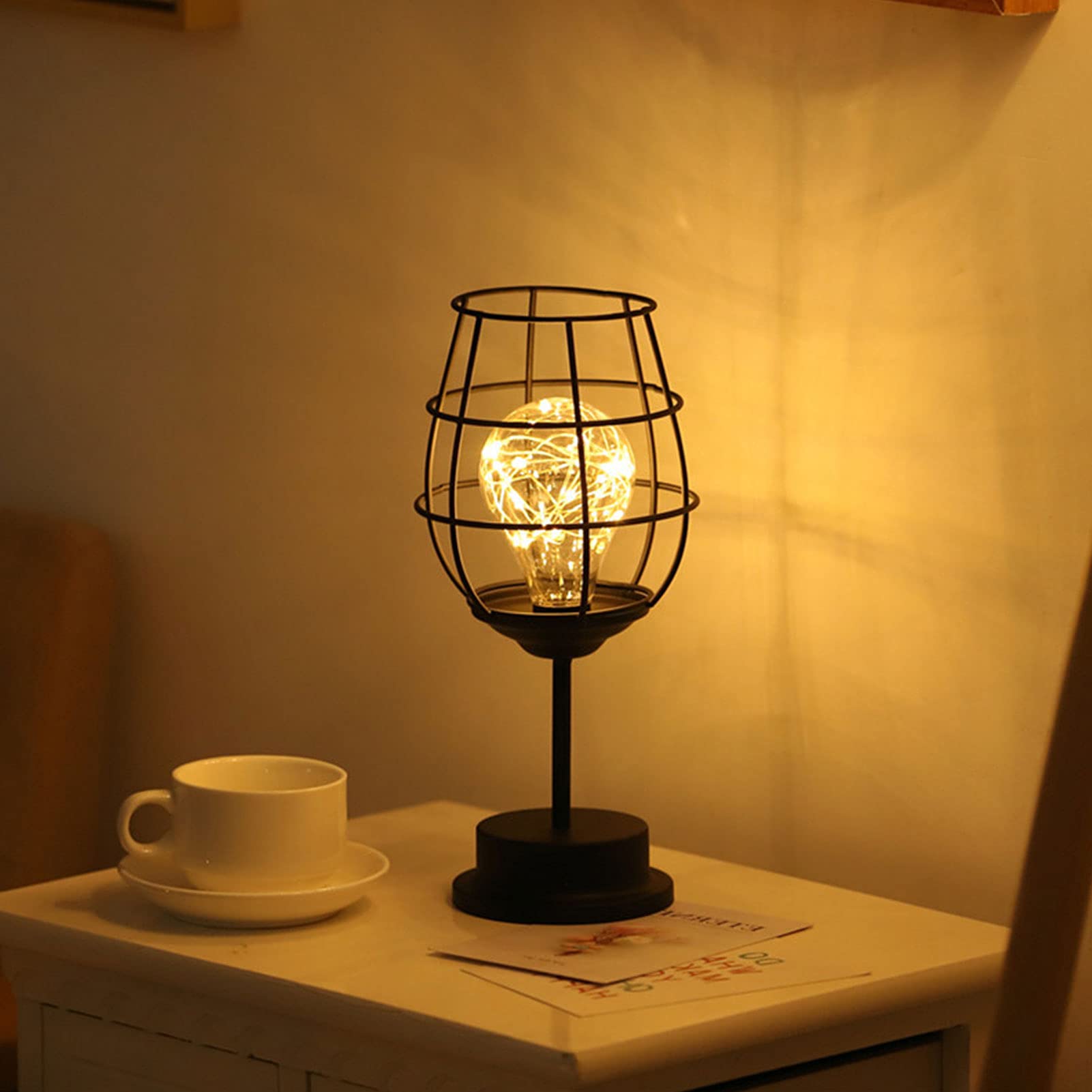 FUFRE Metal Wire Table Lamp Battery Operated Iron Table Lamp, Vintage Creative Metal Bedside Lamps for Home Bedroom Living Room Patio Hotel Decorative Lighting (A)