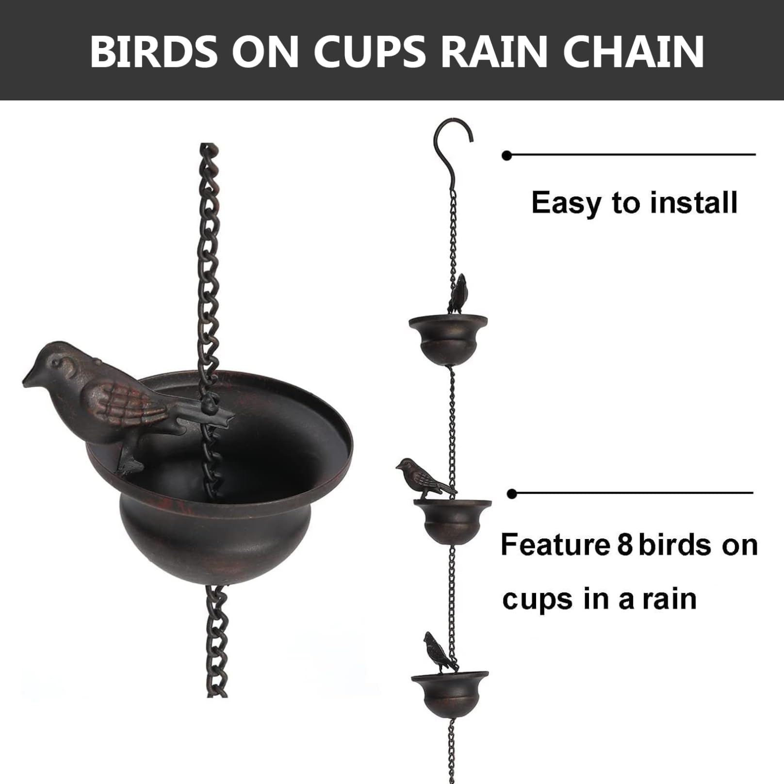 Chaîne de pluie, chaînes de pluie à oiseaux en métal de 2,4 m pour les chaînes de pluie suspendues à l'extérieur et à suspension mobile pour gouttières, capteurs de pluie décoratifs à la rouille pour