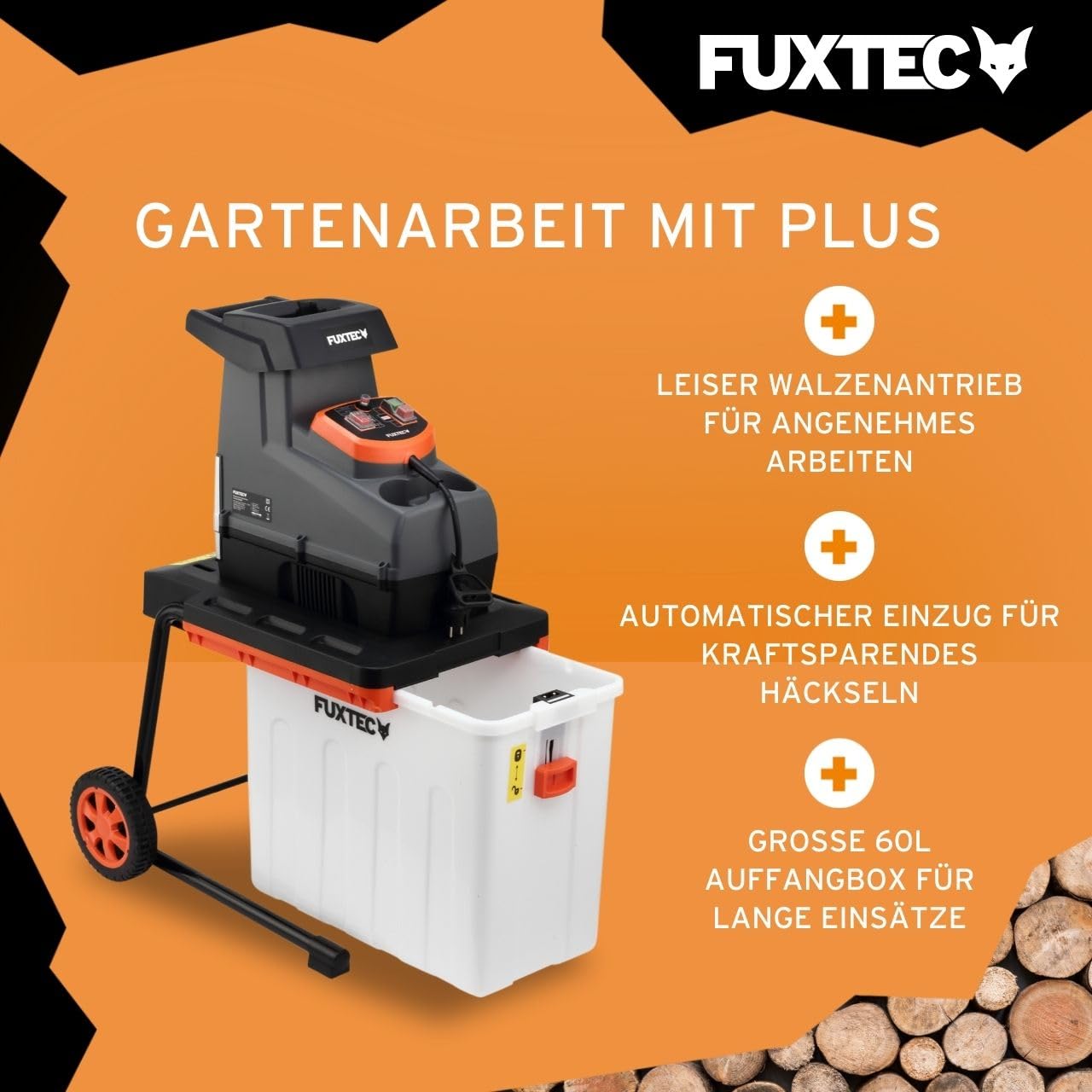 FUXTEC Elektro Gartenhäcksler FX-EGH2800B, Walzenhäcksler mit 2800W Leistung und Rückwärtslauf, zerkleinert Äste bis 44mm Durchmesser, leise & kraftvoll mit 60L Auffangbox und Überlastschutzsystem