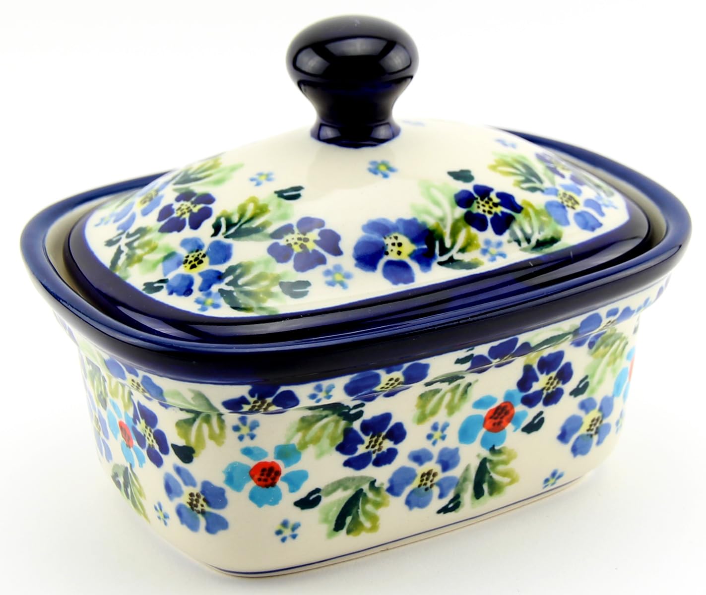 Polish Pottery Butter Tub - Azure Daisy Delight Pattern - Handmade and Hand-Painted Stoneware from Zaklady Ceramiczne 'Boleslawiec' - 2 Cup Capacity, W 4