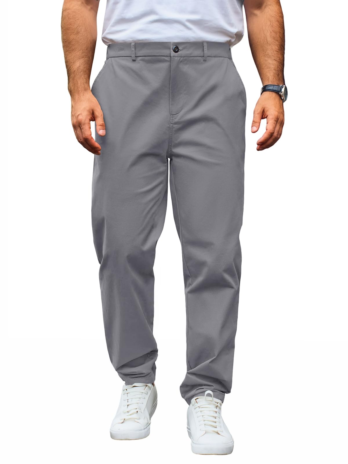 Runcati Herren Chino Hose Regular Fit Stretch Freizeithose Einfarbig Baumwolle Stoffhose Lang Leicht Business Arbeitshose mit Elastische Taille Grau L