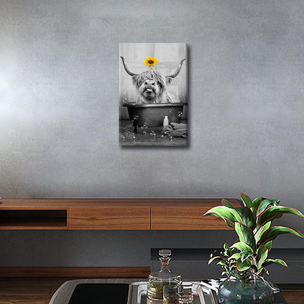 Yak Decor Bathroom Wall Art Canvas Framed Highland Cattle Sunflower Poster Funny Bathtub Decor Farmhouse Decor Home Bar Toilet Cafe Wall Decor Ready to Hang - Image 4