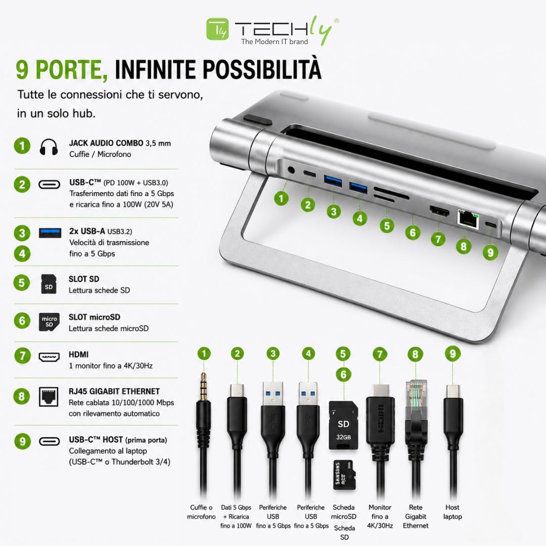Techly 368314 Docking Station USB-C™ 9 in 1 Hub USB3.2 Stand per Notebook Pieghevole Silver