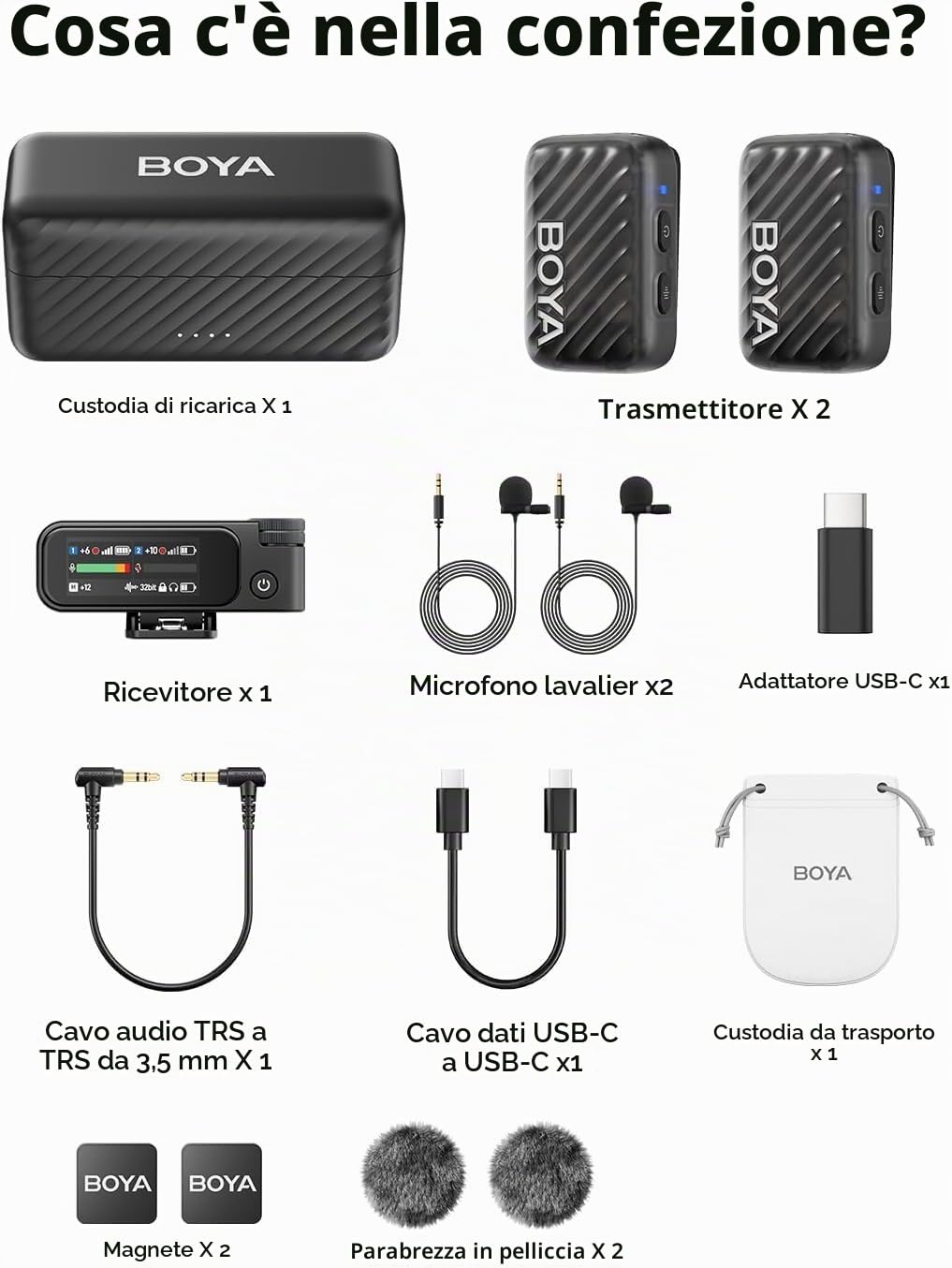 BOYA BOYAMIC 2 Lavalier - Microfono senza fili per iPhone/Android/PC, USB-C Mini microfono con cancellazione del rumore AI, 300 m, 48 KHz/32 bit, microfono a scatto per registrazione video, vlog