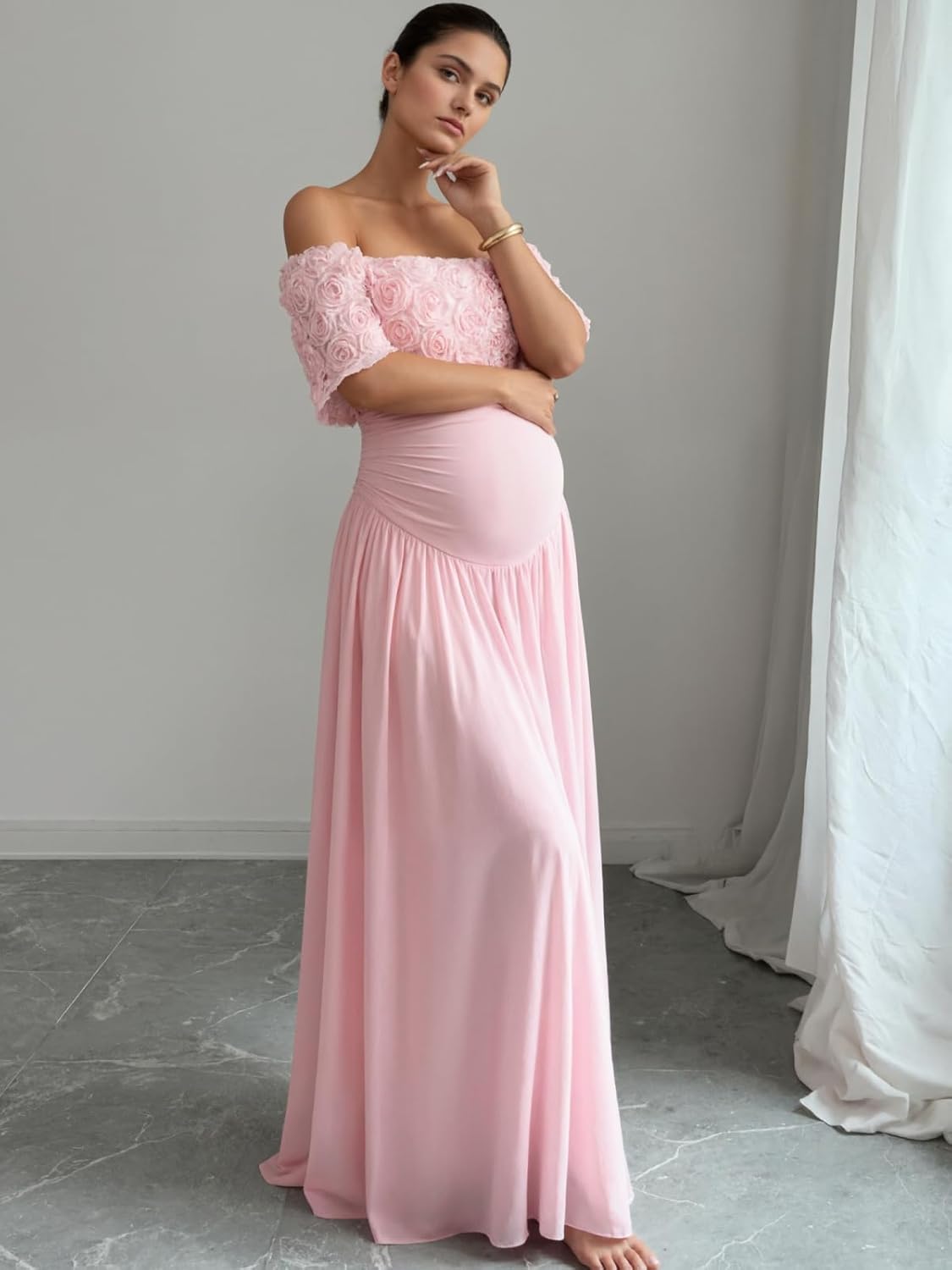 Cudiew Off The Shoulder 3D Floral Maternity Dress for Photoshoot Long Baby Shower Dresses Satin Preganant Gown