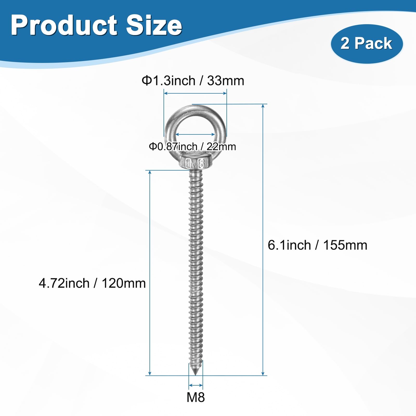 M METERXITY 2-Pack 304 Stainless Steel Eyebolt M8x120mm Shoulder Lifting Eye Bolt Self Tapping Eye Bolts for Wood Securing/Swing/Hanging Hammocks Silver - Image 3