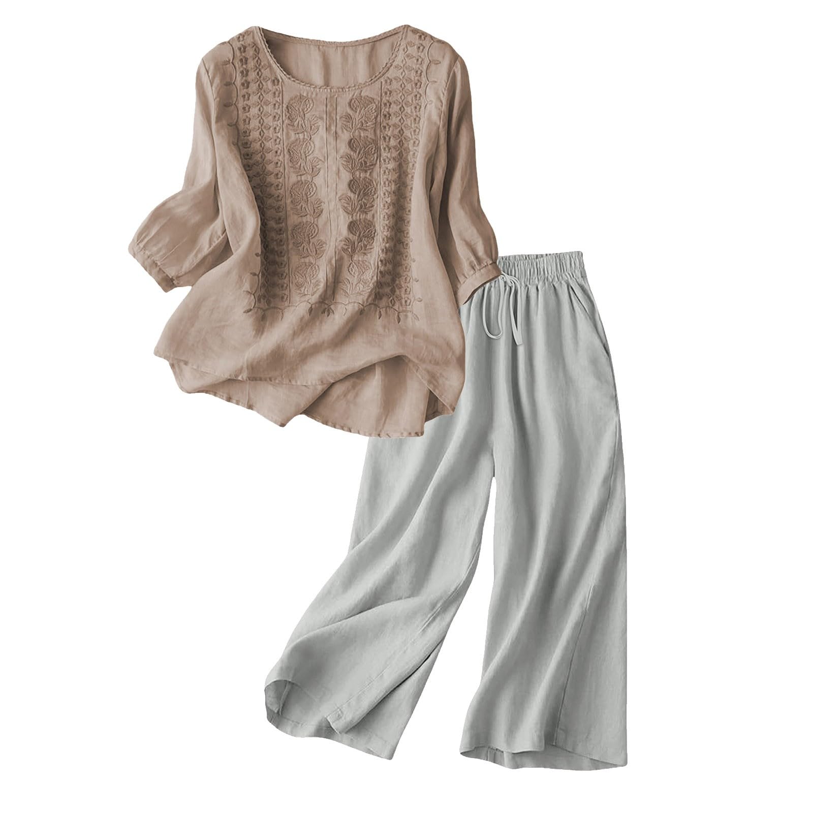 Generisch Tuta da donna per il tempo libero, moderna, elegante, set da donna, in due pezzi, grandi dimensioni, comoda, in lino, maniche a 3/4, maglione con ricamo, tuta da casa, pantaloni larghi
