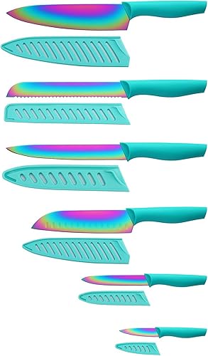 Juego de cuchillos de cocina de acero inoxidable de titanio con funda para lavavajillas, KYA37, modelo Almond Rainbow Titanium de 12 piezas, 6