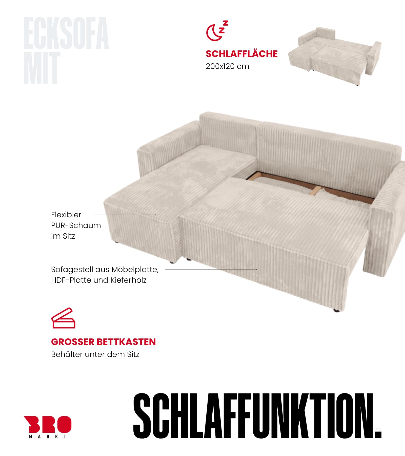 BROMARKT Sofa mit Schlaffunktion L Form Ecksofa mit Bettkasten Hellbraun | Couch Eckcouch Schlafcouch Schlafsofa Sofabett Eckschlafsofa 235x133x85 cm 3 Sitzer Wohnlandschaft Cordstoff PILO