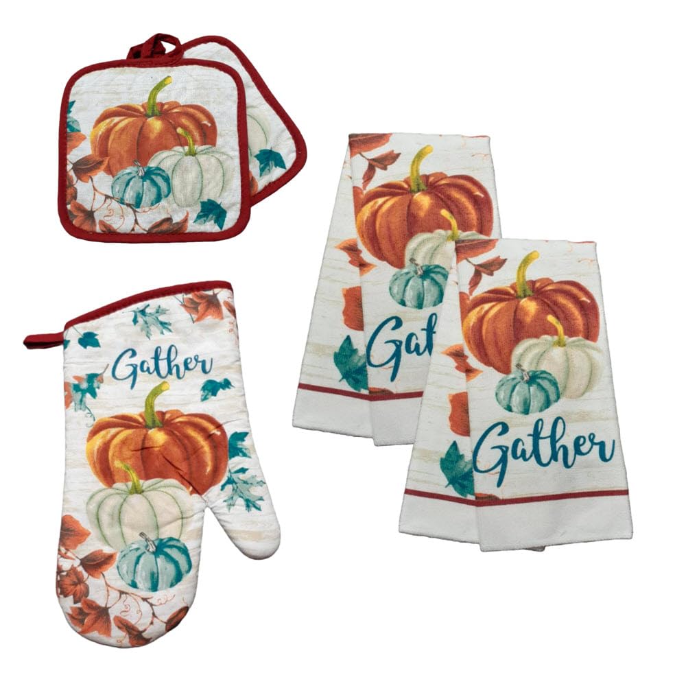Modern Farmhouse Fall Harvest Thanksgiving Towel Set: Towels, Pot Holders, and Oven Mitt, Pumpkin Fall Design