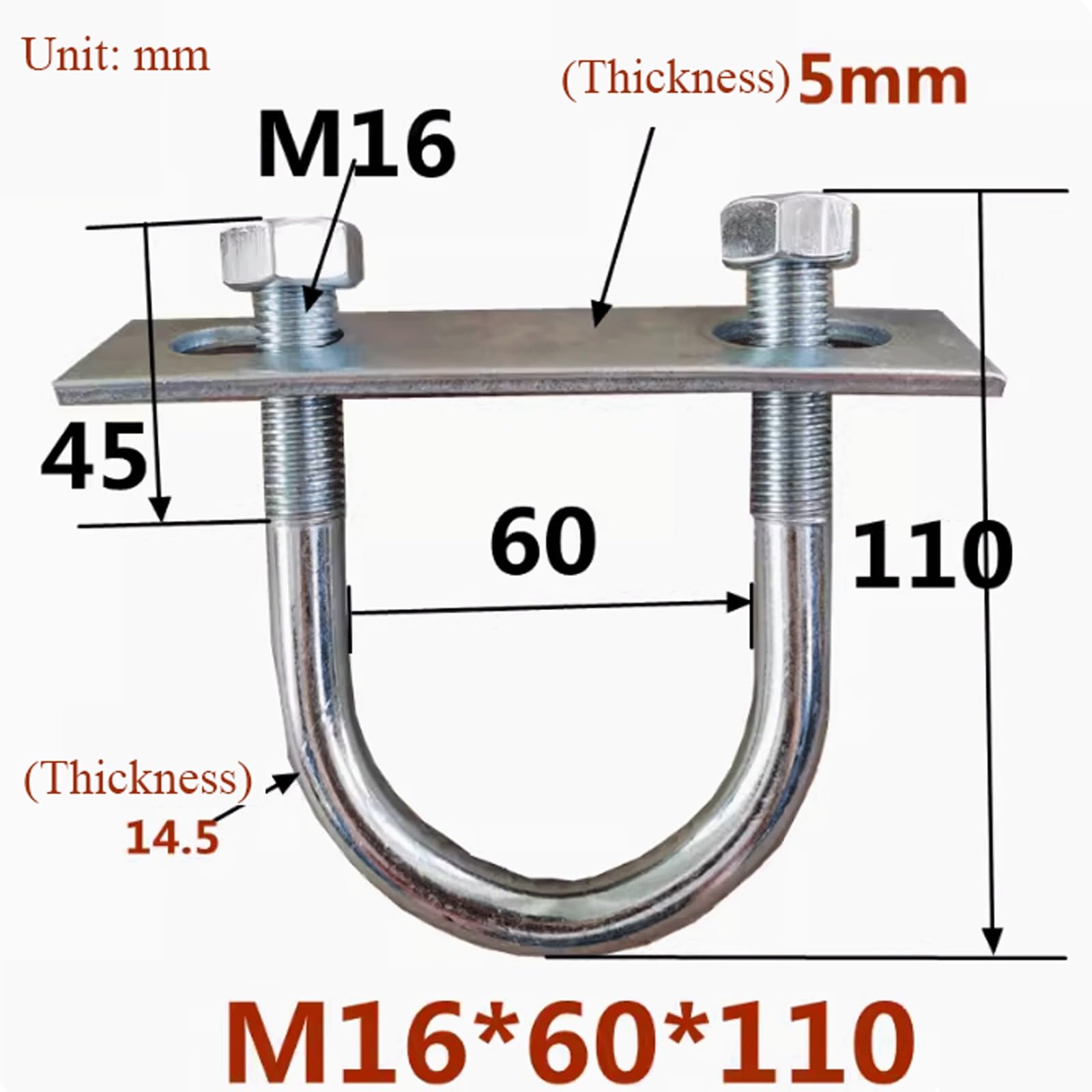 Bulloni a U in acciaio inossidabile, Bulloni a U M16 zincati con dadi argento dimensioni multiple(M16*60 * 110)
