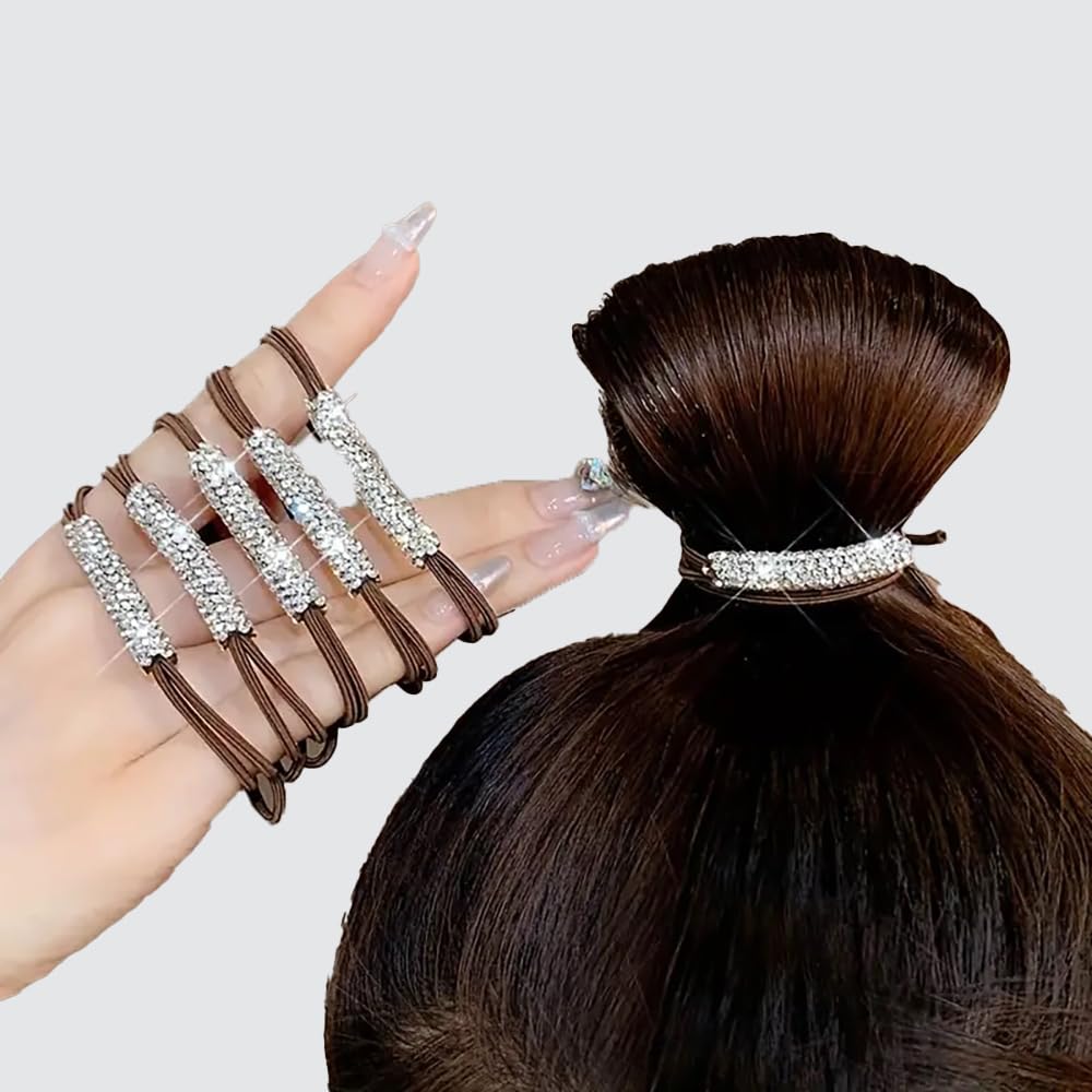 10 Brown Rhinestone Bling No Damage Hair Ties, Elastic Hair Band, Hair Loop Durable Ponytail Tie For Women Girls
