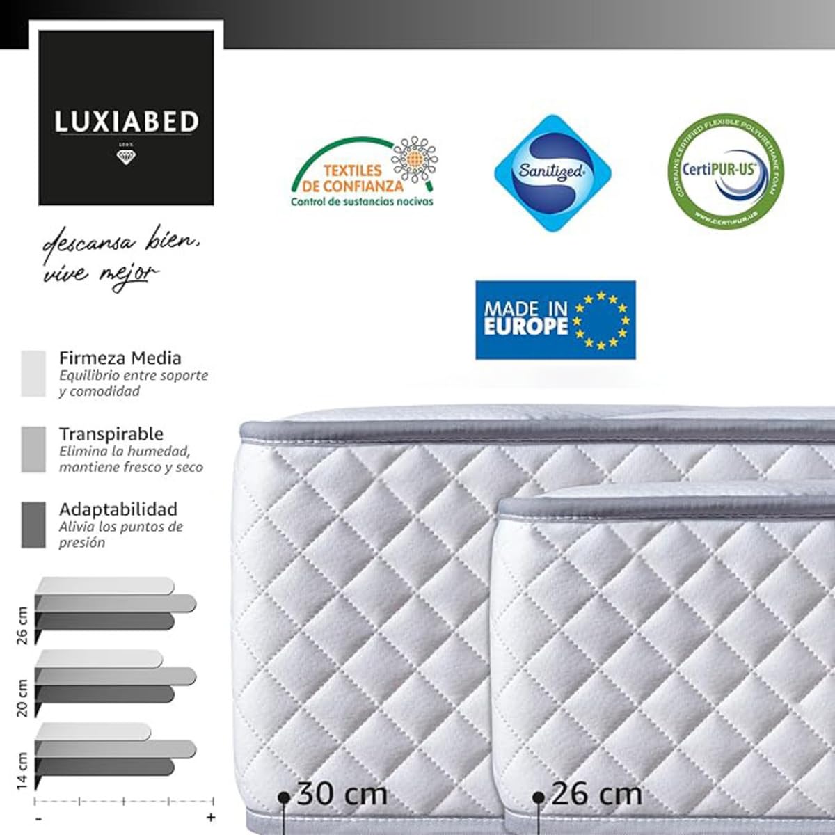 LUXIABED Colchón 150x190 Reversible de Matrimonio. Alto Confort. Transpirable, Antiácaros y Hipoalergénico. Viscoelastica Plus Adaptable. Confort + Firmeza Media Blanco. Modelo Genius Altura 30 cm
