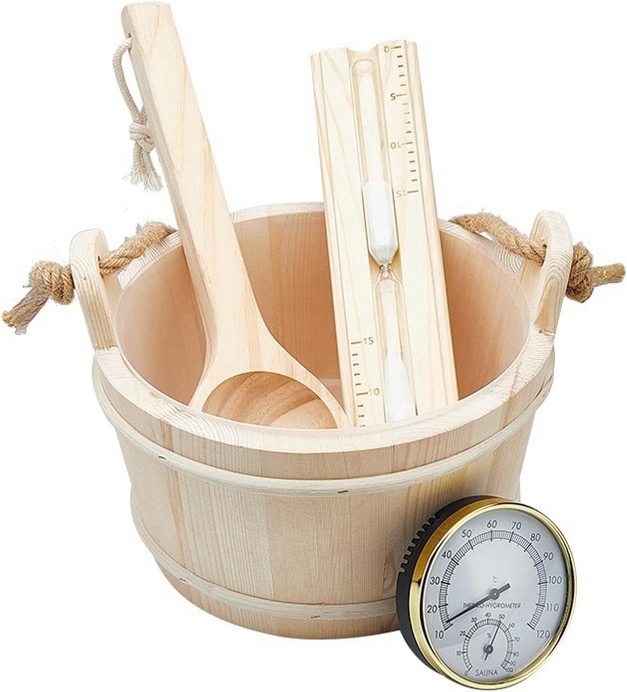 Sauna Accessories Set Wood Bucket Spoon with Long Handle Thermometers Hygrometer Hourglasses Timer Enduring Wood Bucket Spoon with Handle