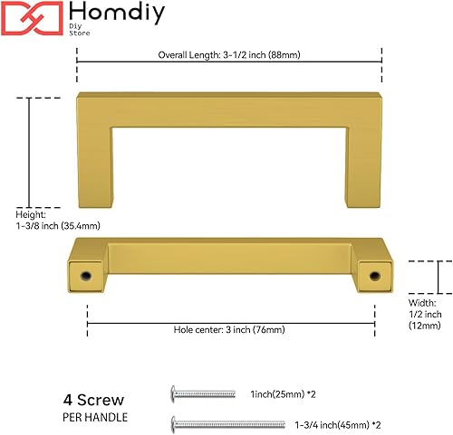 Miniatura 2 de Homdiy Paquete de 6 tiradores de bronce cepillado de 3pulgadas, dorados, cuadrados, herrajes para gabinete, armario de cocina 3pulgadas entre