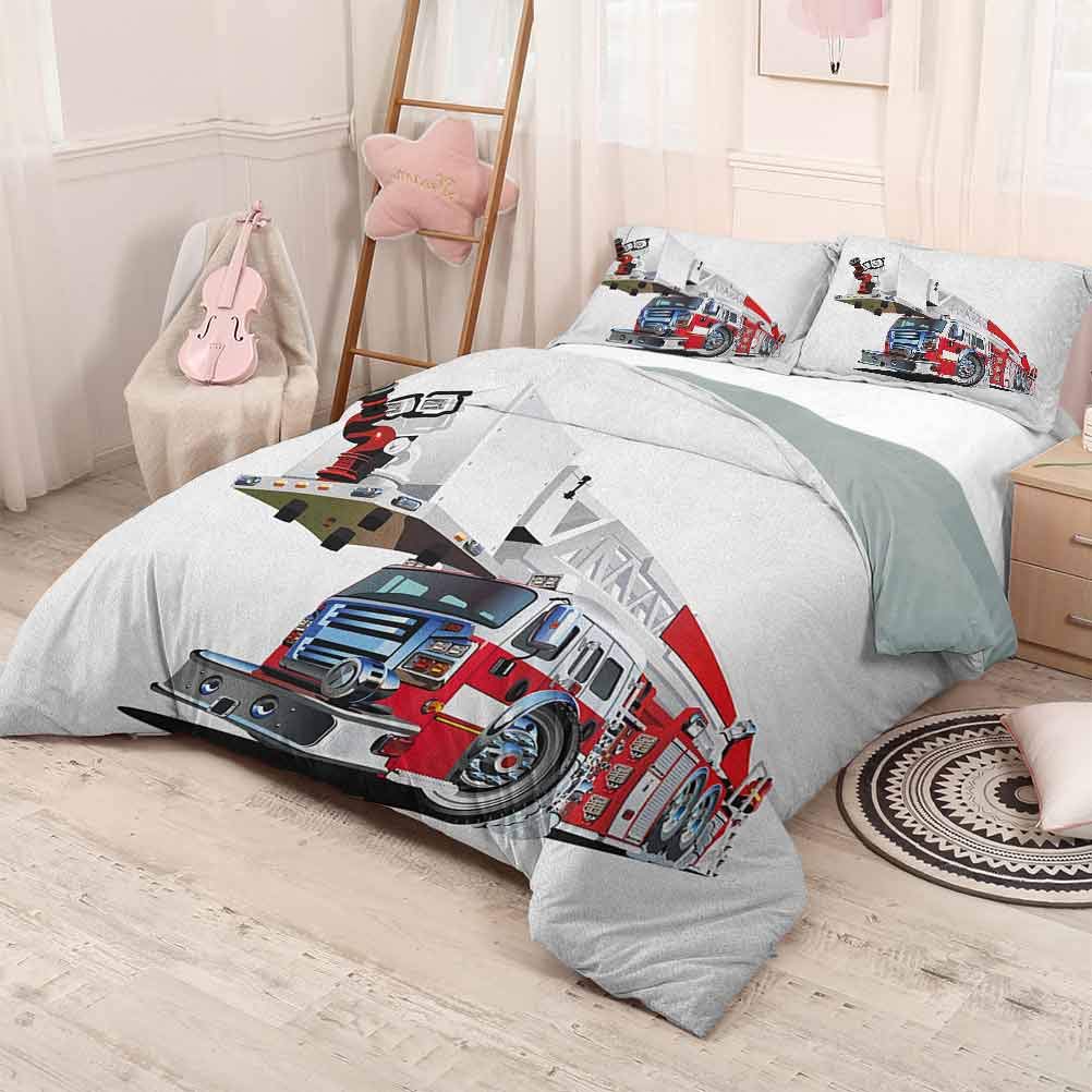 prunushome Truck Comforter Bedding CoverFiretruck Speeding to Danger Illustration Emergency Services Theme 911 Cartoon Light-Weight Blue Grey Red 71x87in/20x30inx2