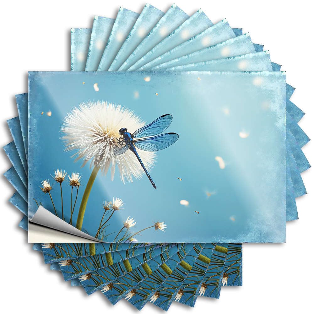 Lettering Sticker Cute Durable Vinyl - A Blue Dragonfly Perches On A Dandelion. Cover for Dart Use(6X9CM)