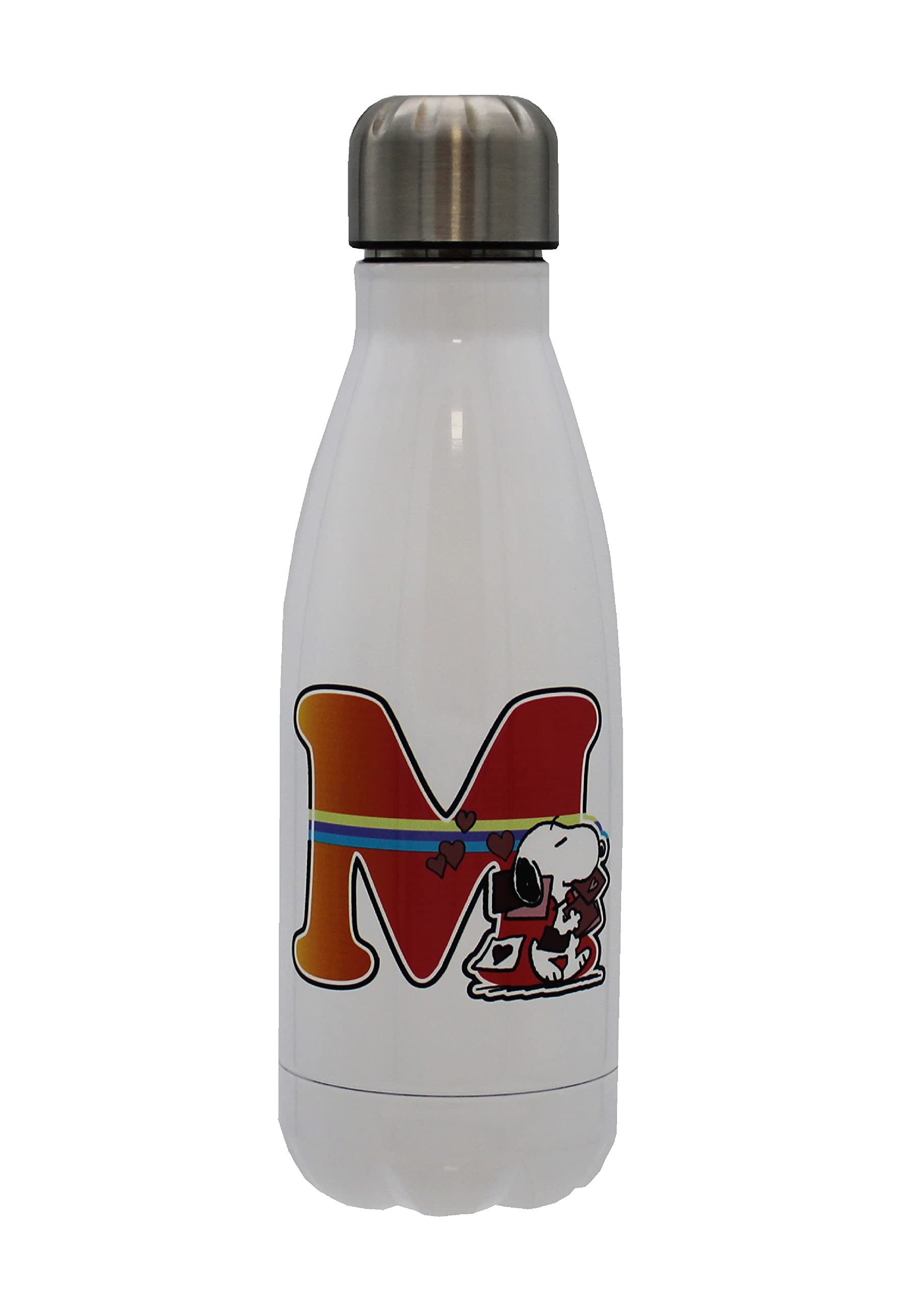 CYPBRANDS Snoopy – Stainless Steel Water Bottle, Airtight Closure, with Multicoloured Letter M Design, 550 ml, White, Official Product