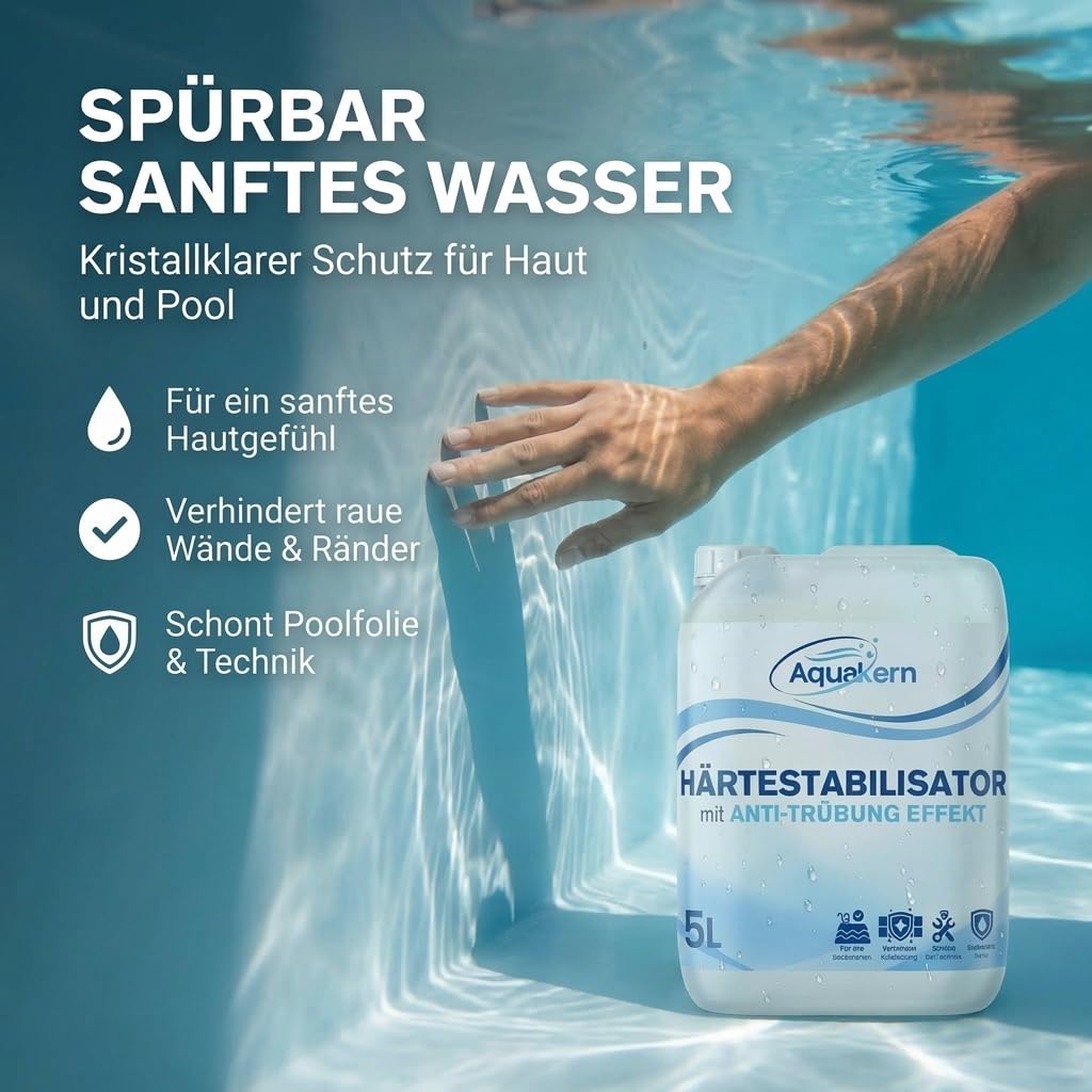 Härtestabilisator Pool 5L [entfernt Kalkablagerungen] mit Anti-TRÜBUNG-Effekt | Schützt die Pooltechnik | bindet Calcium & Metallionen im Wasser | Kalkentferner Pool | Made in Germany
