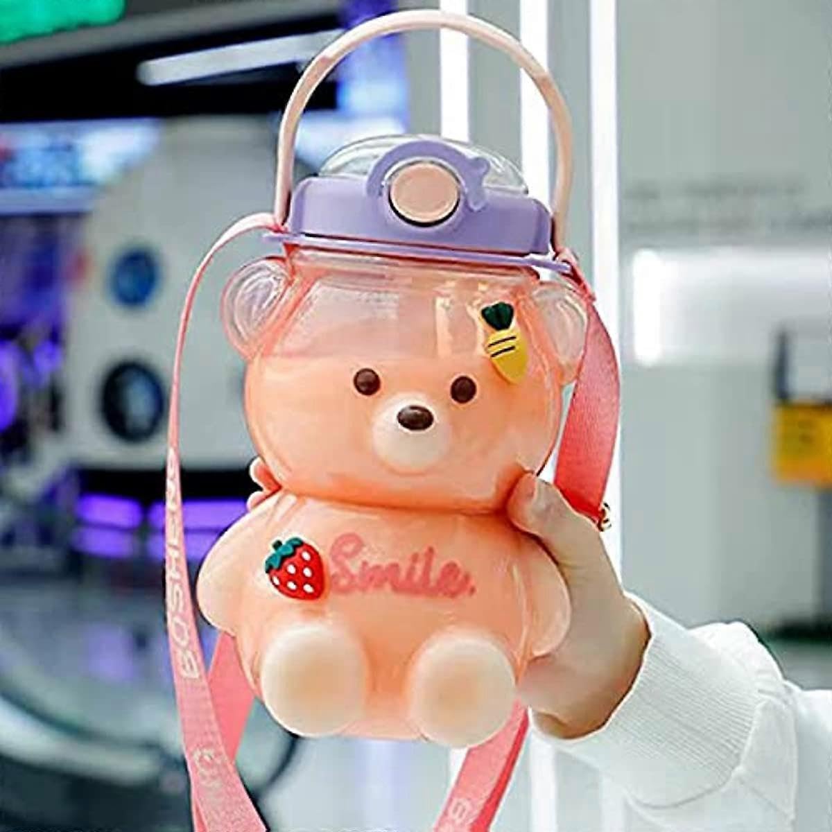 JOYHAPPST HGGL 1000ml Large Kawaii Bear Shaped Water Bottle with Straw and Strap Cute Portable Water Bottles for Teens Girls School Sports Creative Milk Tea Jui