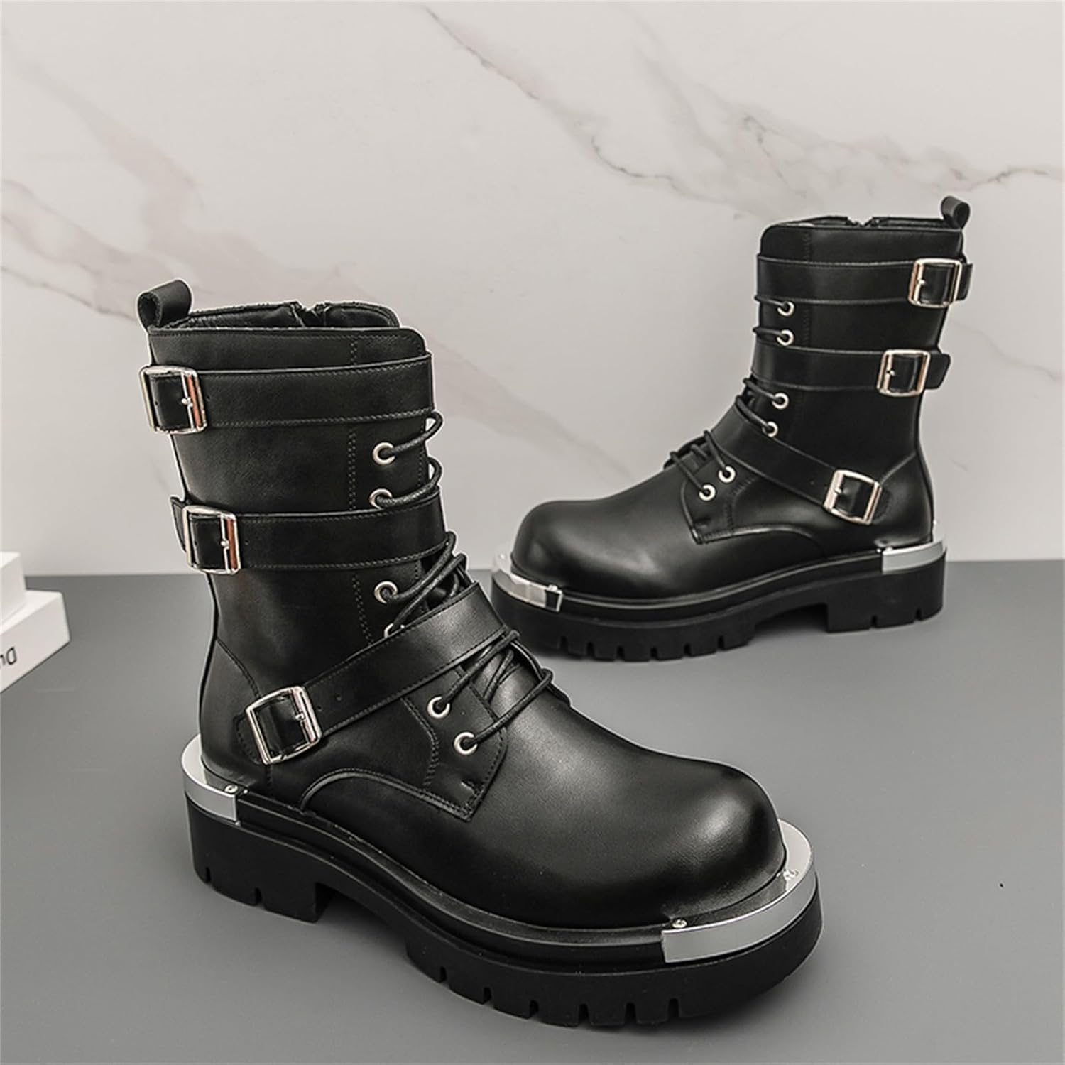 Men's Leather Lace Up Platform Military Combat Boots with Multiple Buckle Side Zip Chunky Heel Goth Motorcycle Trendy Round Toe Lug Sole Non Slip Comfort Y2K Boots for Motorcycle Rides Daily Work - Image 3