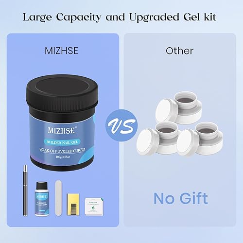Miniatura 2 de MIZHSE Kit de gel constructor de uñas de 3.4 fl oz, gel constructor de mayor capacidad para uñas, lámpara LED, base transparente, fortalecedor de