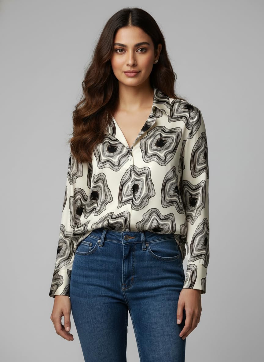 ANNI Designer Bedrucktes Damenhemd aus Baumwollmischgewebe, langärmelig, normale Passform, Hemdkragen, legere Bürokleidung, elegante Western-Kleidung für den Alltag, Hochzeit, Party