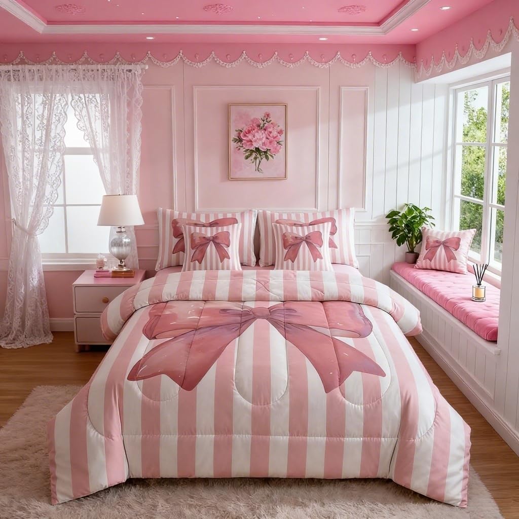Bettwäsche-Set mit rosa Schleife, 7-teilig, für Queen-Size-Betten, verträumte Aquarell-Fliege, Kawaii-Bett in einer Tasche für Teenager, Cartoon-Prinzessinnen-Stil, geometrische rosa Streifen