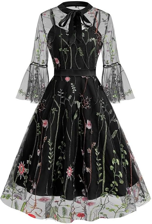 JSEIAJB Women's Wear Vintage Polyester Dress Casual Embroidery Splicing Party Dress
