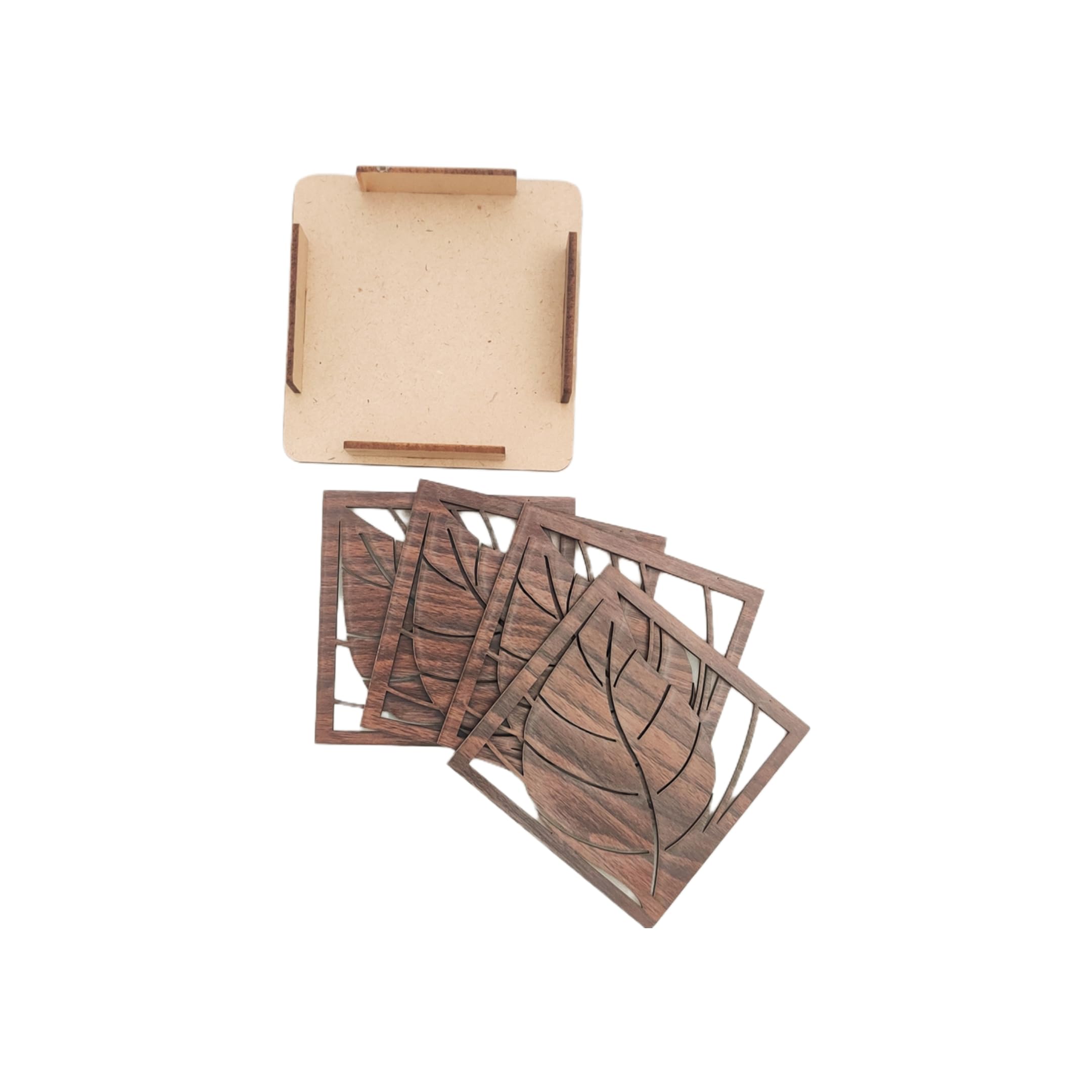 Art Infinity Engineered Wood Coasters with Holder I Handcrafted Leaf shape Coaster Set I Non-Slip, Long-Lasting I Ideal for Hot or Cold Beverages I for Home Office Dining Table & Restaurant - Set of 4 1