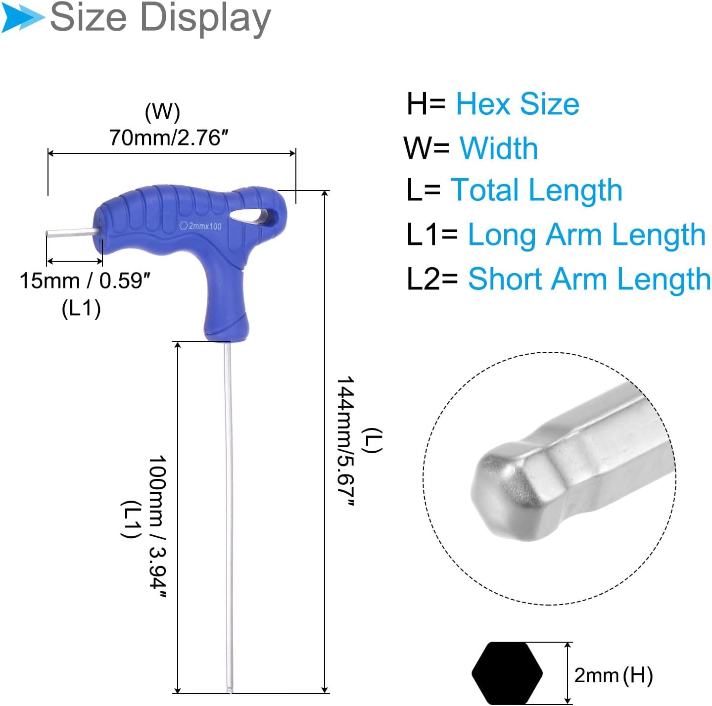 T-Handle Ball End Hex Key, 2mm Hex, CR-V Steel Metric T-Key Wrench Blue - (Applications: for Basic Home Repair and Mechanical Maintenance), 2-Pieces