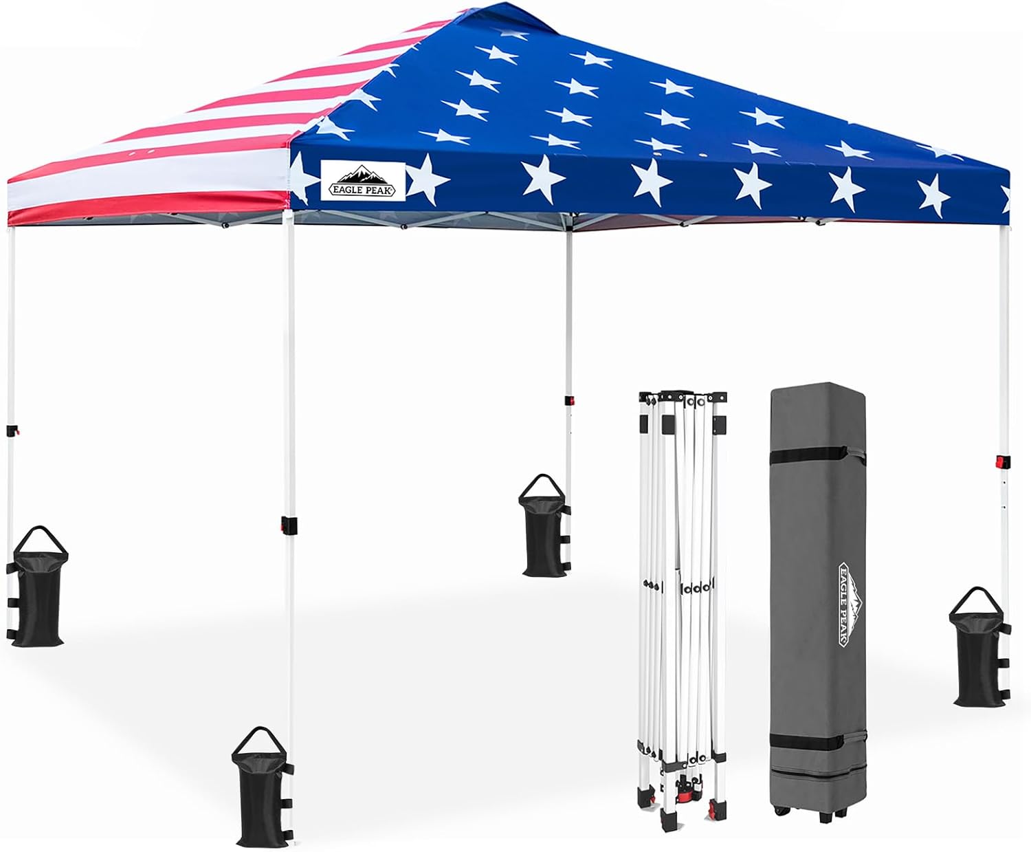 EAGLE PEAK Pop Up Canopy Tent with Wheeled Carry Bag, 8 Stakes, 4 Ropes, 4 Weight Bags, Easy Set Up Tent Canopy, 10x10 ft, 100sqft of Shade, American Flag 10x10 American Flag