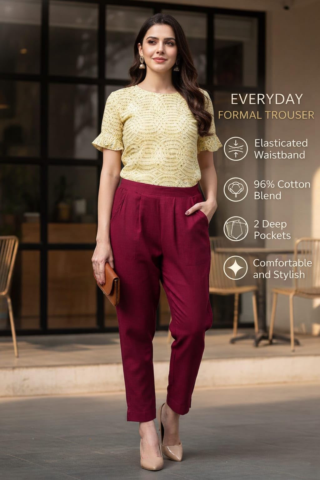 DIGITAL SHOPEE Trouser Cotton Pants for Woman | Straight Cigarette Pant | Regular Fit for Office School Formal Casual Daily Use Maroon L 1