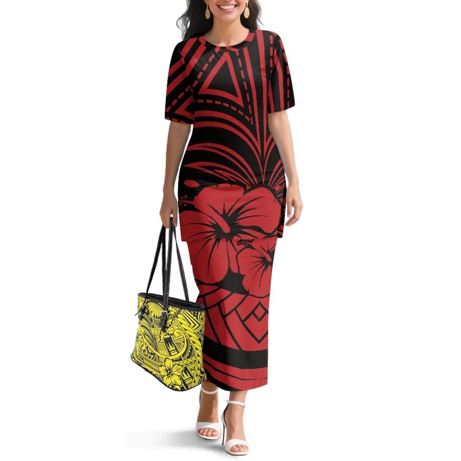 Polynesian Dress for Women Short Sleeve High Waist Maxi Skirt