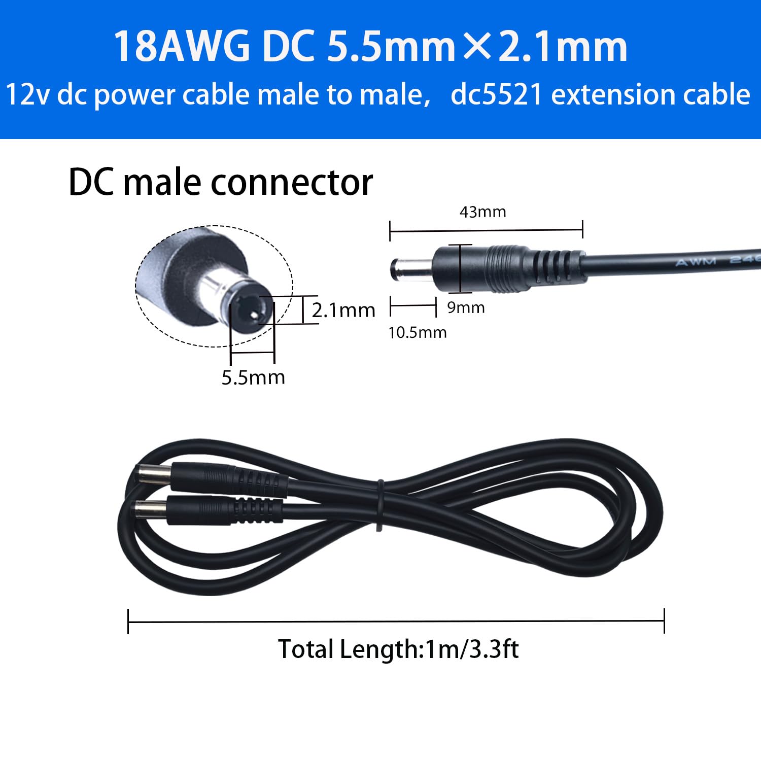 Kabel zasilający DC 5,5 mm x 2,1 mm, 18 AWG męski na męski, 1-36 V, prąd 10 A, odpowiedni do kamer monitorujących, routerów, taśm świetlnych LED, 1 m