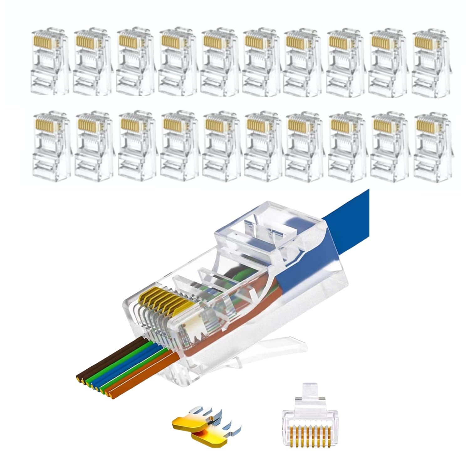 20-Pack RJ45 Pass Through Connector, Cat 5 Cat 6 connectors, Gold Plated 8P8C Modular Plugs for Solid/Stranded UTP Network Cable