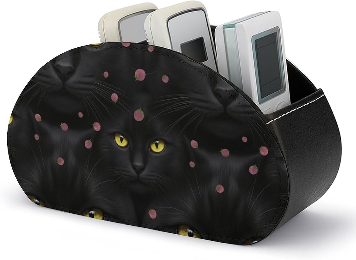 PU Leather Remote Storage Box, 5-Compartment Desk Organizer for Media Controllers, Office Supplies, and Home, Black Cat