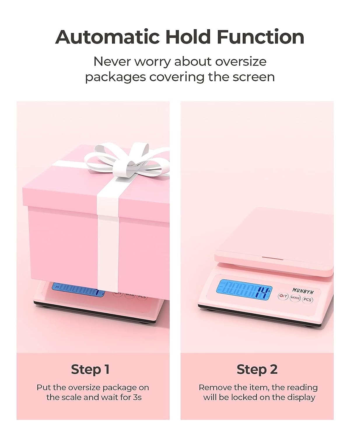 MUNBYN Shipping Scale, Accurate 66lb/0.1oz Postal Scale with Sweet Pink Style, Hold/Tear/PCS Function, Auto-Off, Battery & AC Adapter, Back-Lit LCD Display, Digital Scale for Packages, Letters, Food : Office Products