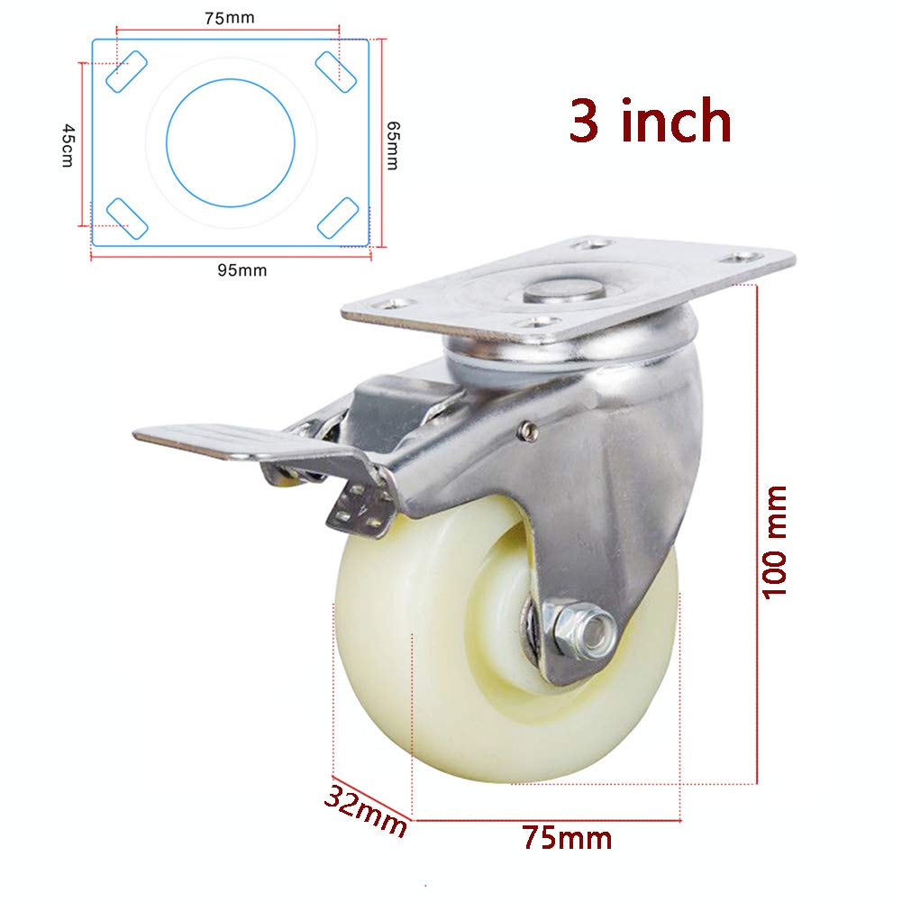 Castor 4 wysokowydajne kółka skrętne 75 mm, 400 kg, płyta obrotowa, nylon, przemysłowe kółka transportowe, ciche z hamulcem, wózek meblowy, łóżeczko dziecięce, ciche toczenie