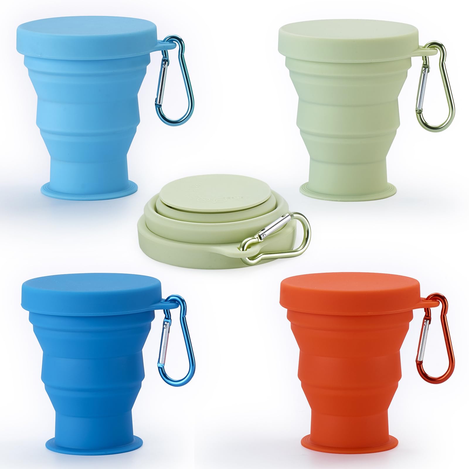 GUANCI - Juego de 4 Tazas de Viaje Plegables de Silicona, con Tapas, Coloridas y expandibles, sin BPA, portátil, Graduado