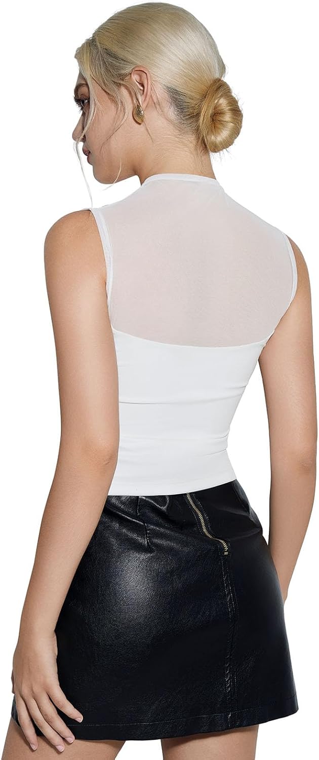 SUUKSESS Women Sexy Mesh Sheer Crop Tank Tops Sleeveless Ruched Going Out Tops - Image 3