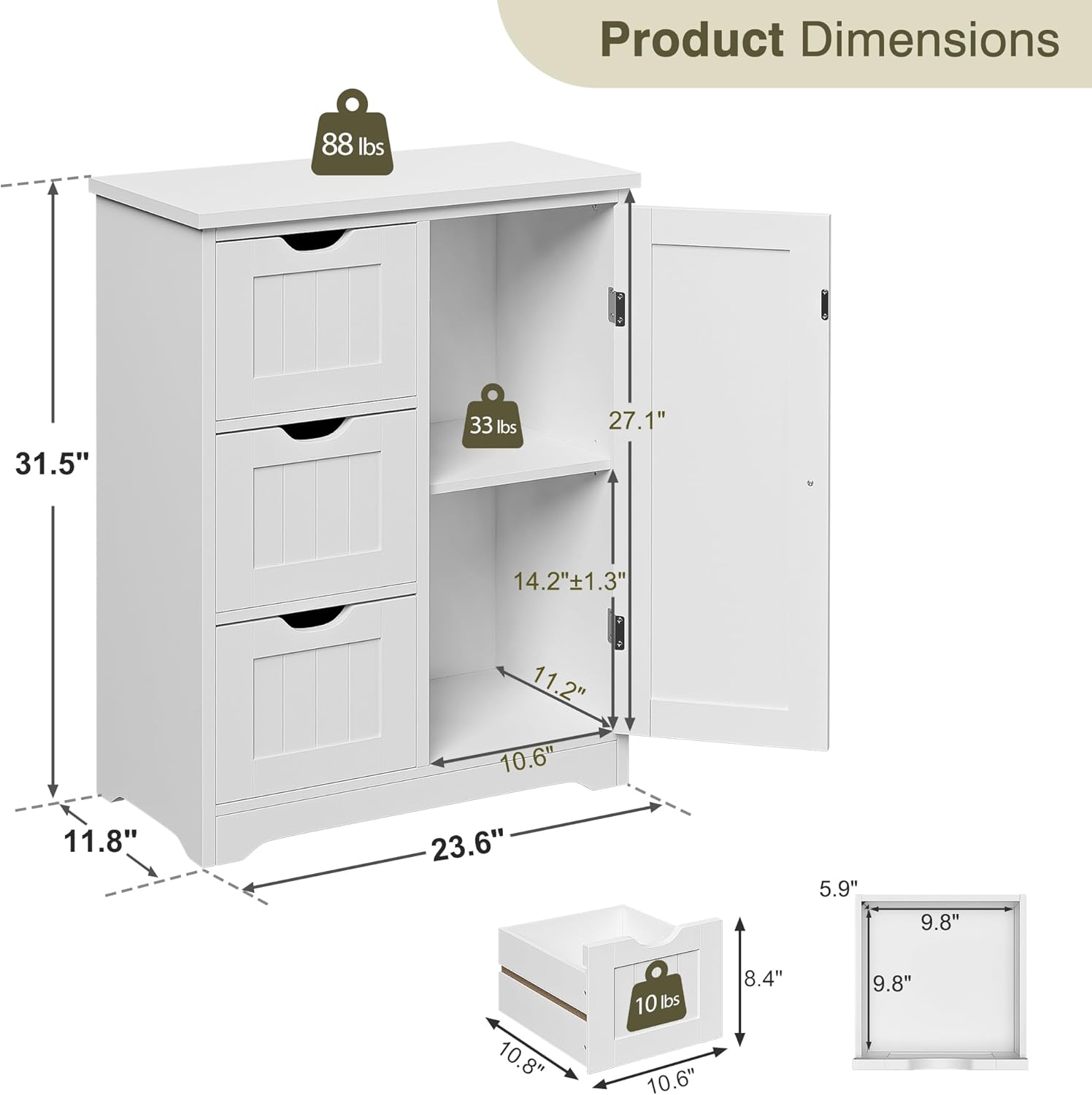 SUPER DEAL Bathroom Storage Cabinet with 3 Drawers and 1 Door, Entryway Home Decor Furniture Towels Storage Organizer Unit, White