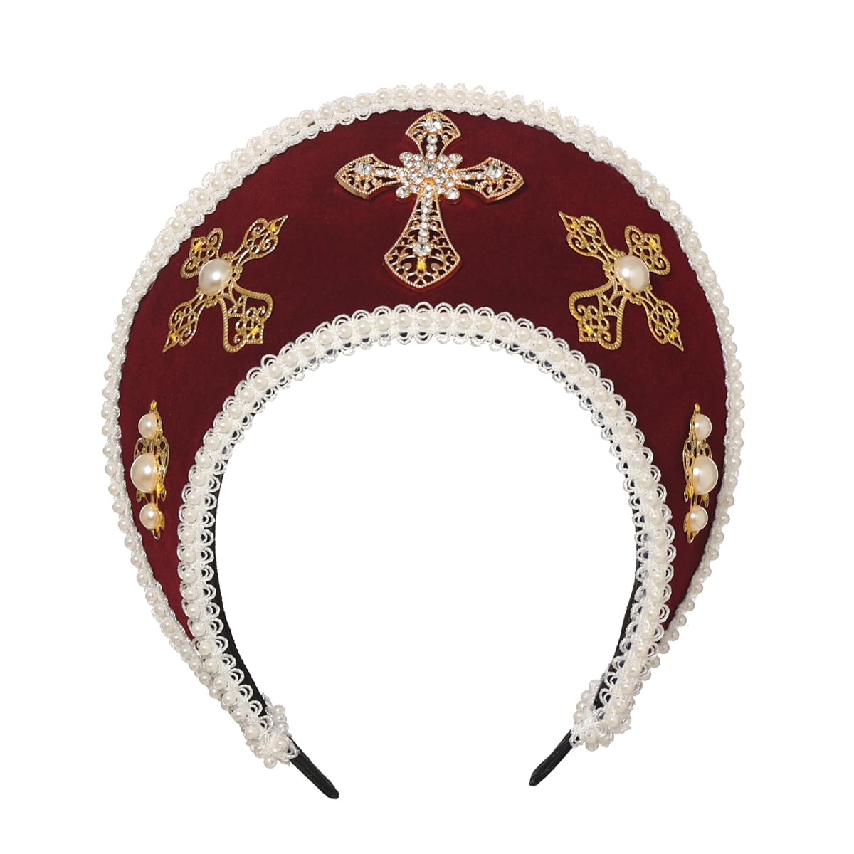 COSDREAMER Women Cross Tudor Renaissance Headdress Royal French Hood Coronet Headdress (red)